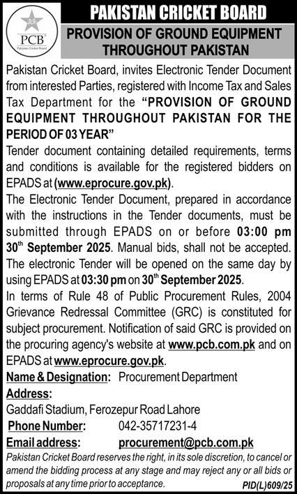 Pakistan Cricket Board Lahore Tender Notice-1